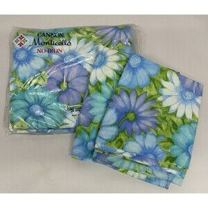 Vtg Cannon Monticello Aloha Sheet Full Fitted/ Pillowcases Blue Floral Muslin